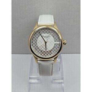 Kenneth Cole New York Lattice Dial Gold Womens Watches White Leather New Battery